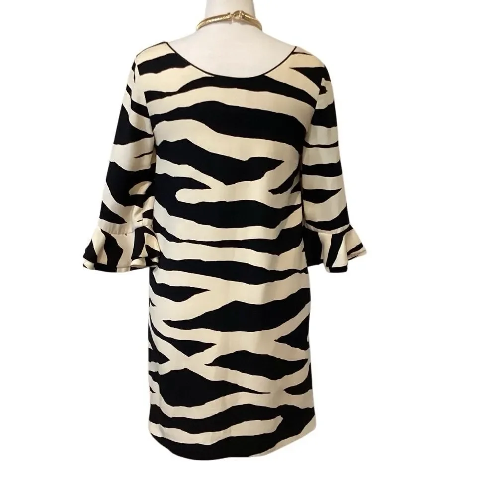 KATE SPADE ANDORA ZEBRA PRINT BLACK CREAM SILK SHIFT DRESS Size 4